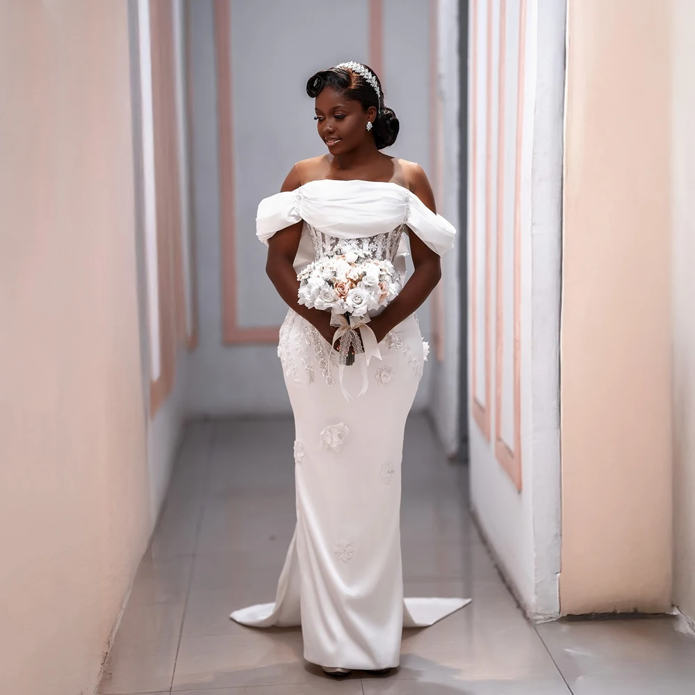 

Customized Ivory Wedding Dresses 2025 Luxury Applique Mermaid Satin O-Neck Flowers Off Shoulder Bridal Gown Vestidos De Novia