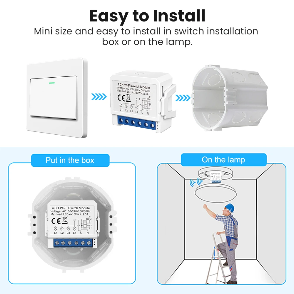 AVATTO Tuya WiFi 1/2/3/4 Gang Smart Light Switch Module，Neutral Wire Control DIY Breaker Work For Alexa, Google Home