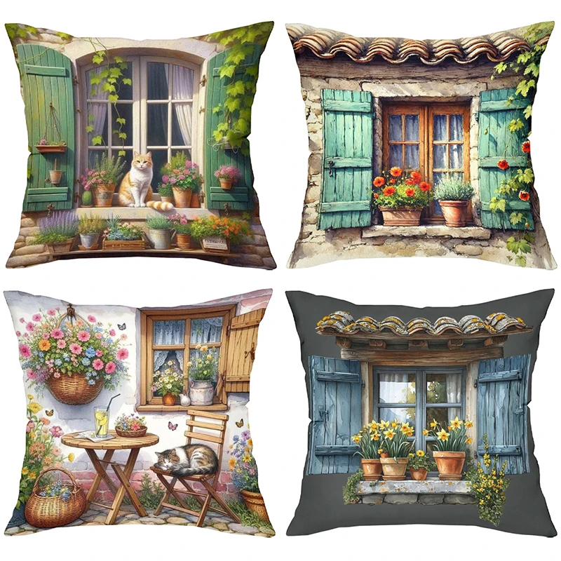 Charming Window With Flowers And Cat Pattern Pillows Polyester pillowcase, sofa decorative cushion cov Headboard Pillow