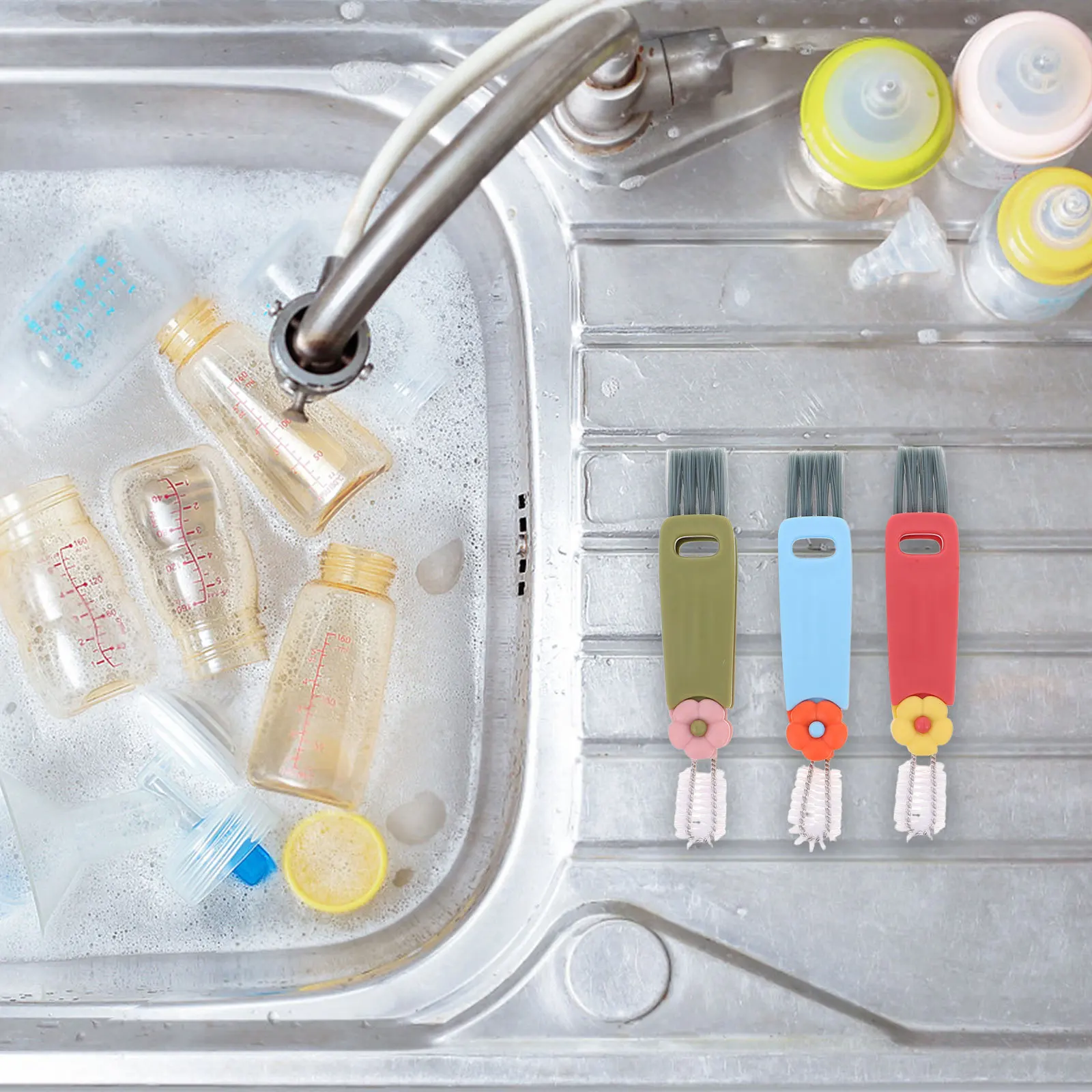 

5Pcs Cleaning Brush Kit 3 in 1 Flower Cup Lid Brush Set High Density Bristles for Bottle Lids Tumblers Coffee Cups Kitchen