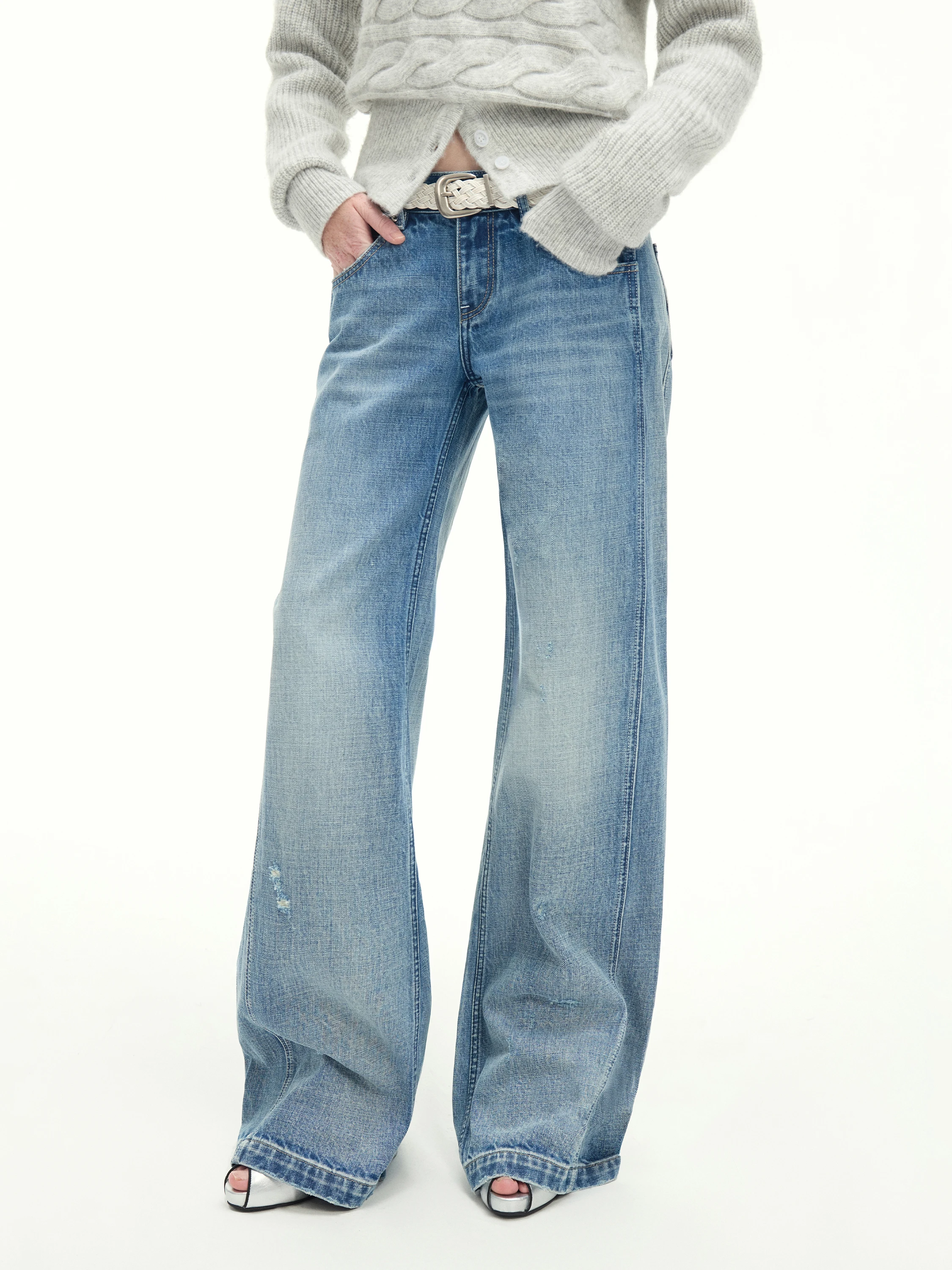 

Ретро-джинсы из чистого хлопка светло-голубого цвета с эффектом потертости, широкие прямые брюки для женщин, весна-осень, с низкой талией, фасон bootcut