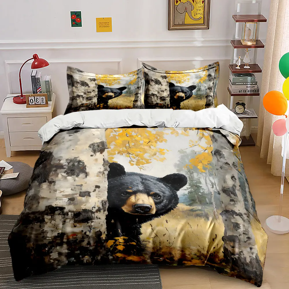 Curious black bear peeking in forest Printed Duvet Cover Set 1 Duvet Cover+2 Pillowcase Multi Size Bedroom Bedding Decoration
