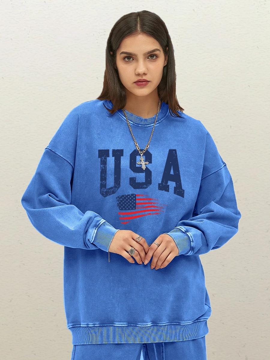 

Женский стираный свитшот с национальным флагом США, хлопковый топ в стиле Харадзюку, модная свободная уличная одежда для пар, одежда Y2K