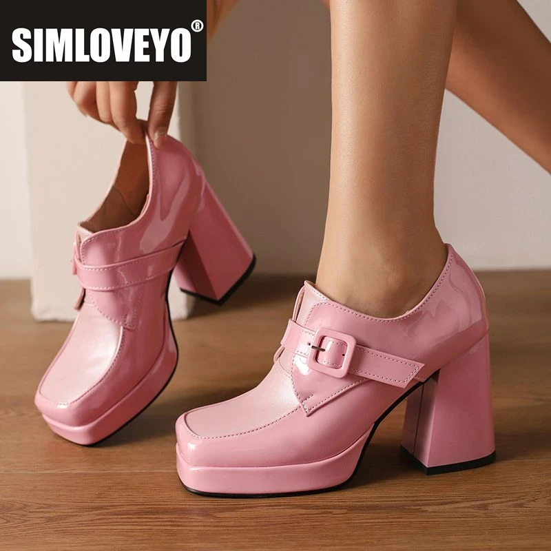 

SIMLOVEYO Женские туфли-лодочки с квадратным носком на блочном каблуке 9,5 см, платформа 2 см, пряжка на ремне, большие размеры 46 47 48 Модная женская обувь для свиданий и вечеринок