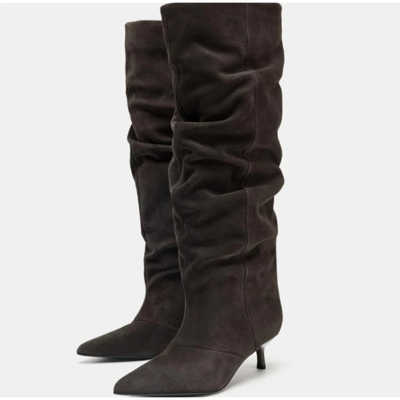 

Сапоги на шпильке с острым носком, модная женская обувь плиссированного дизайна, элегантные сапоги выше колена, осенне-зимние повседневные тонкие ботинки