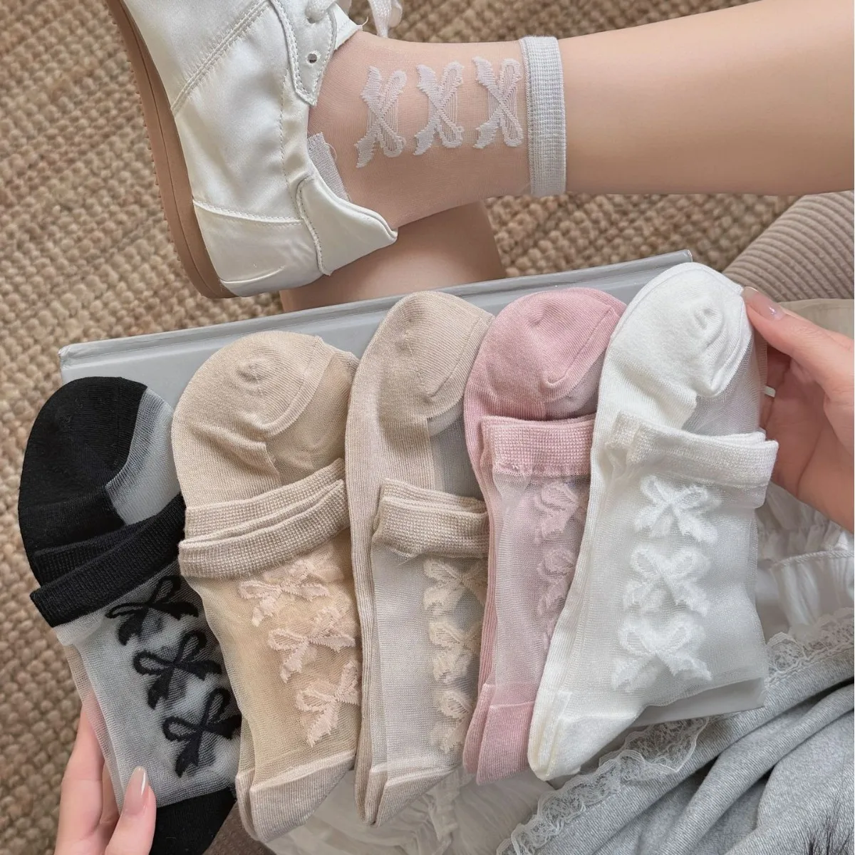 Crystal Silk Socks Women Summer Ultra-thin Transparent Medium Tube Socks Bow Embroidery Japanese Lolita Kawaii Glass Silk Socks