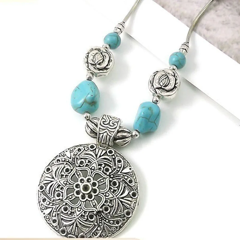 Bohemian Concho Turquoise Stone Flower Pendant Necklace Western Jewelr Statement Ethnic Style Necklaces Boho Gift For Women Girl