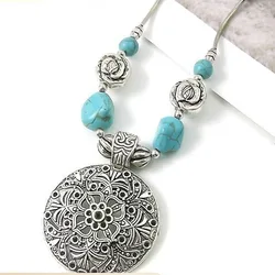 Bohemian Concho Turquoise Stone Flower Pendant Necklace Western Jewelr Statement Ethnic Style Necklaces Boho Gift For Women Girl