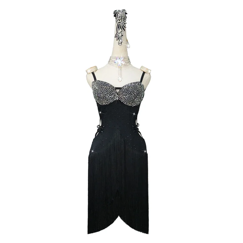 Robe de Concours de brevLatine pour Femme, Costume Sexy, Franges Noires, Strass, Été