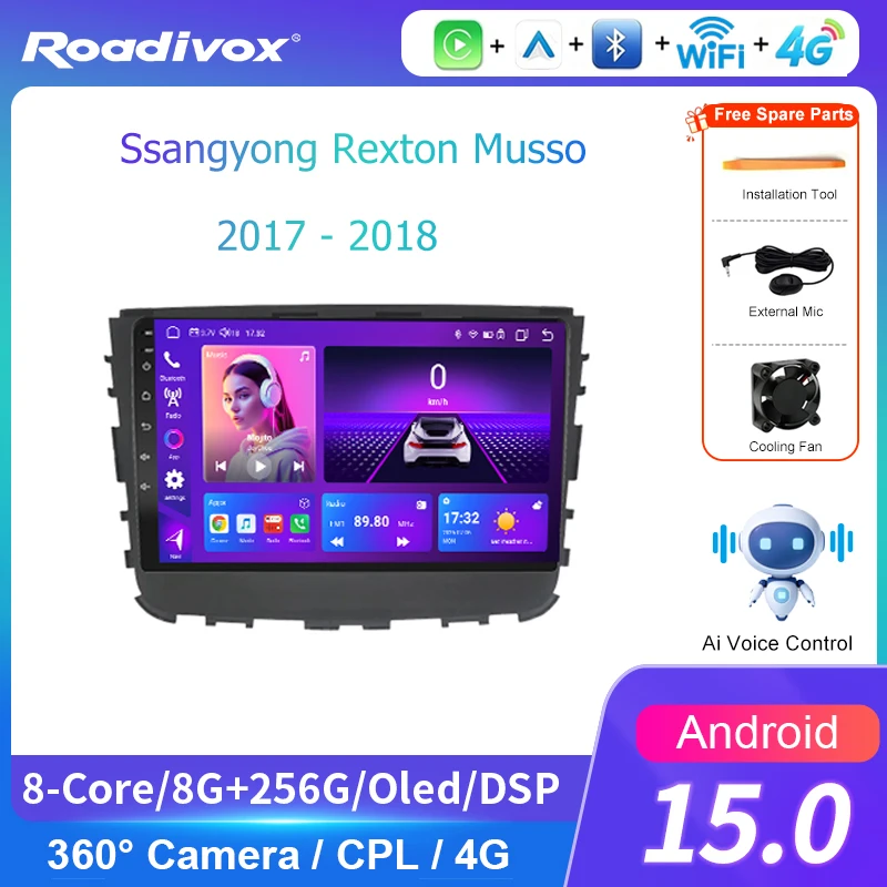 AI VOICE roadivox Android car radio for Ssangyong Rexton Musso 2017 2018 GPS Navigation video Multimedia Player tape recorder