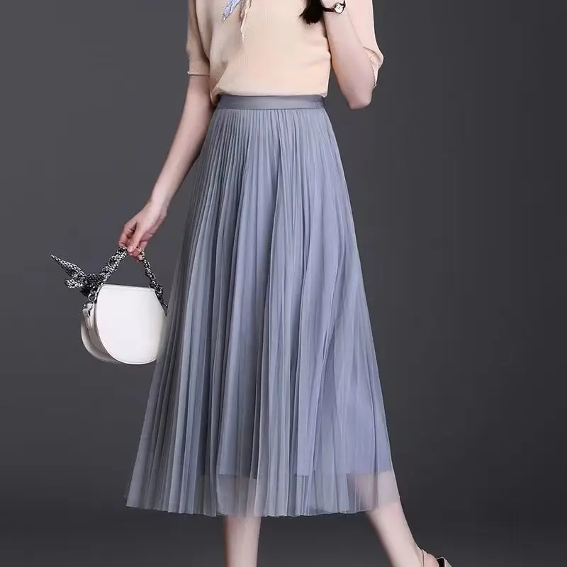 Solid Color Pleated Mesh Skirt Women Korean Four Seasons A-line Skirt Mid-length Versatile Fairy High-waisted Large Hem Skirt