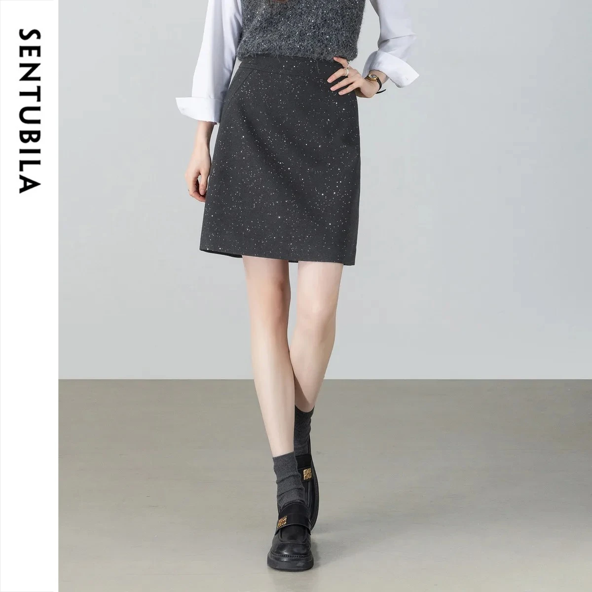 SENTUBILA A-line Skirt for Women 2026 Spring Star Mini Skirts Gray Black Casual Elegant Commute Ladies Clothes 161QA6806