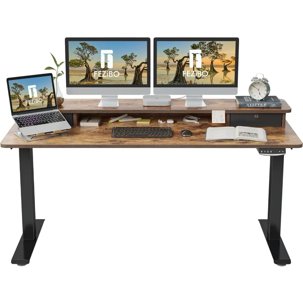 x 24 Inch Height Adjustable Electric Standing Desk with Double Drawer, Stand Up Desk with Storage Shelf, Sit Stand