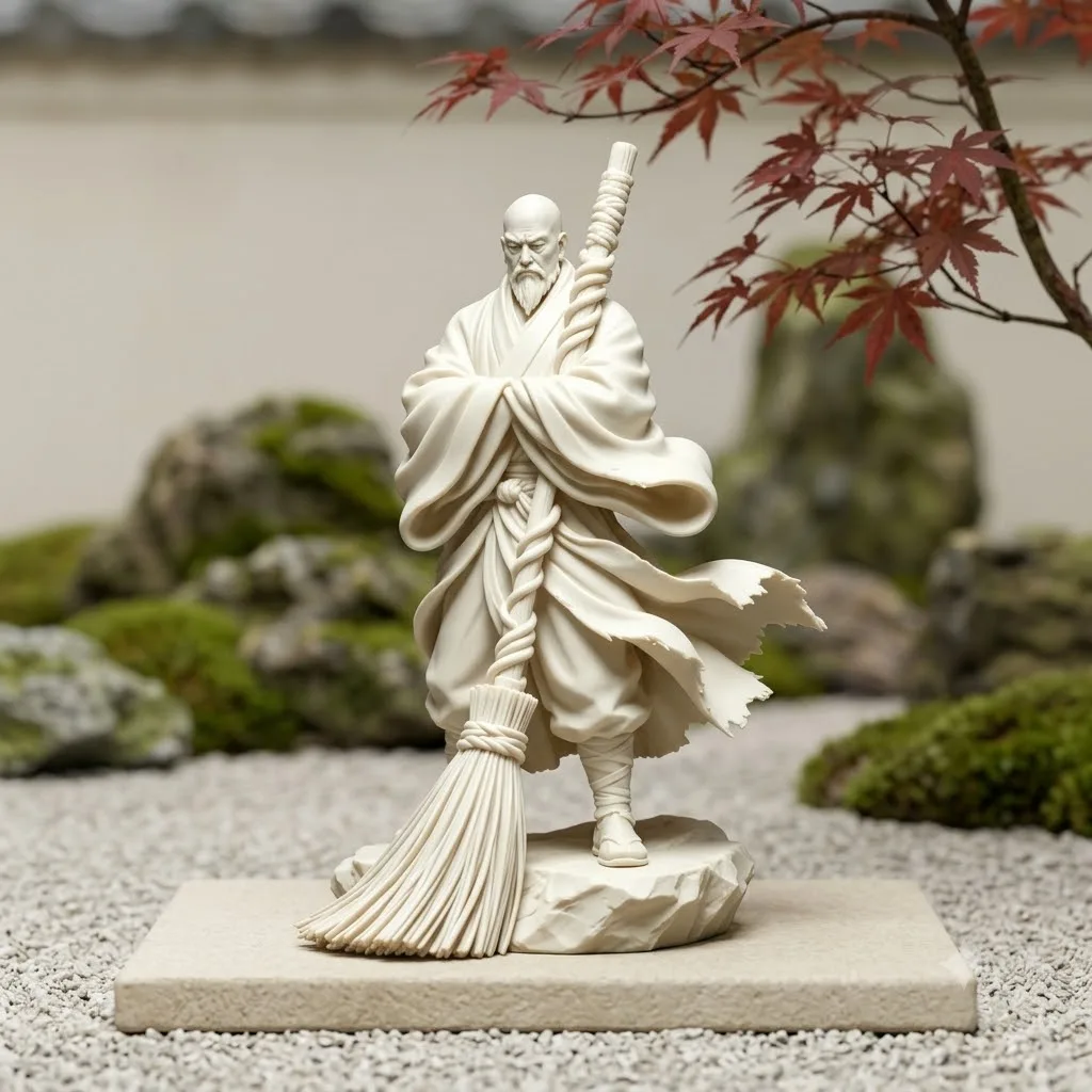 Zen Oriental Monk Figurine with Broom Flowing Robe Elder Sculpture Chinese Style Statue for Tea Room Meditation Table Decor