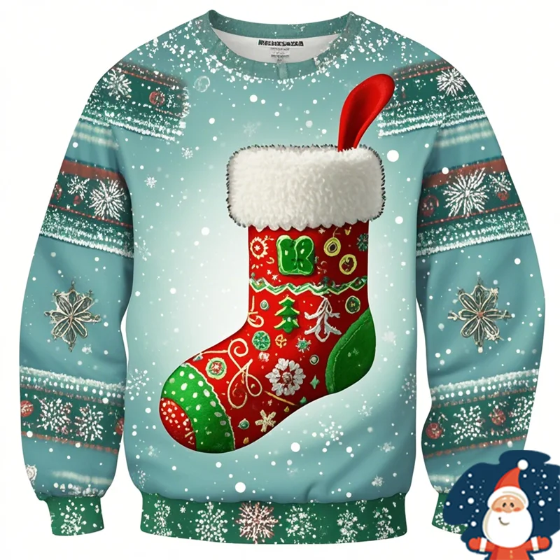 New Christmas Stocking 3D Printed O-Collar Hoodie 2025 Hot Selling Funny Men's Christmas Gift Ugly Sweater Oversized Womens Tops