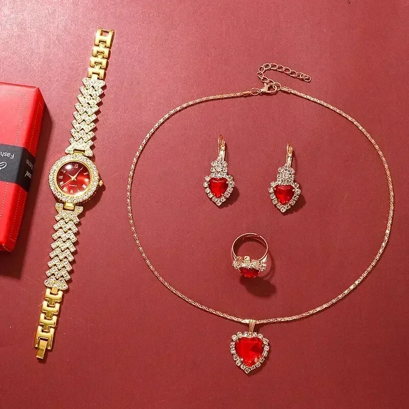 Golden Luxury Watch Women Ring Necklace Earring Rhinestone Fashion Wristwatch Casual Ladies Bracelet Watches Jewelry Set - view 3