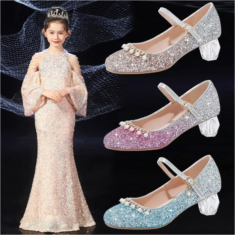 

Cinderella Shoes for Girls Heel Kids Princess Dress Party Leather Wedges Children Butterfly Slip On Wedding Ballerina Flats