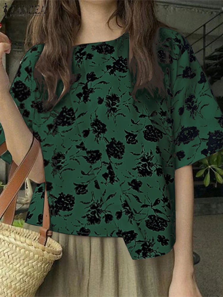 بلوزات الموضة ZANZEA بلوزات غير متناظرة المرأة قصيرة الأكمام الصيف البوهيمي قمصان مطبوعة 2025 بلوزات فضفاضة غير رسمية Femininas