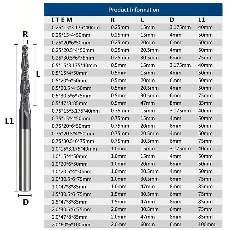 CMCP Carbide Milling Cutter R0.25-R2.0 2 Flute Tapered Ball Nose End Mill CNC Router Bit Wood /Metal Engraving Bit CNC Cutter