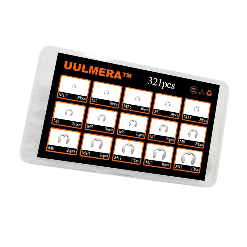 UULMERA 321pcs External Circlip Snap Ring Assortment 15 Sizes E-Clip Retaining Rings 304 Stainless Steel Circlips M1.5-M15