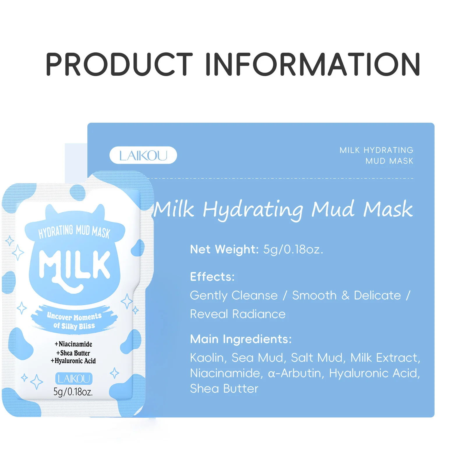 LAIKOU Milk Hydrating Mud Mask Deep Clean Pores Brightening Skin Tone Oil Control Moisturizing Face Mask With Niacinamide 5g