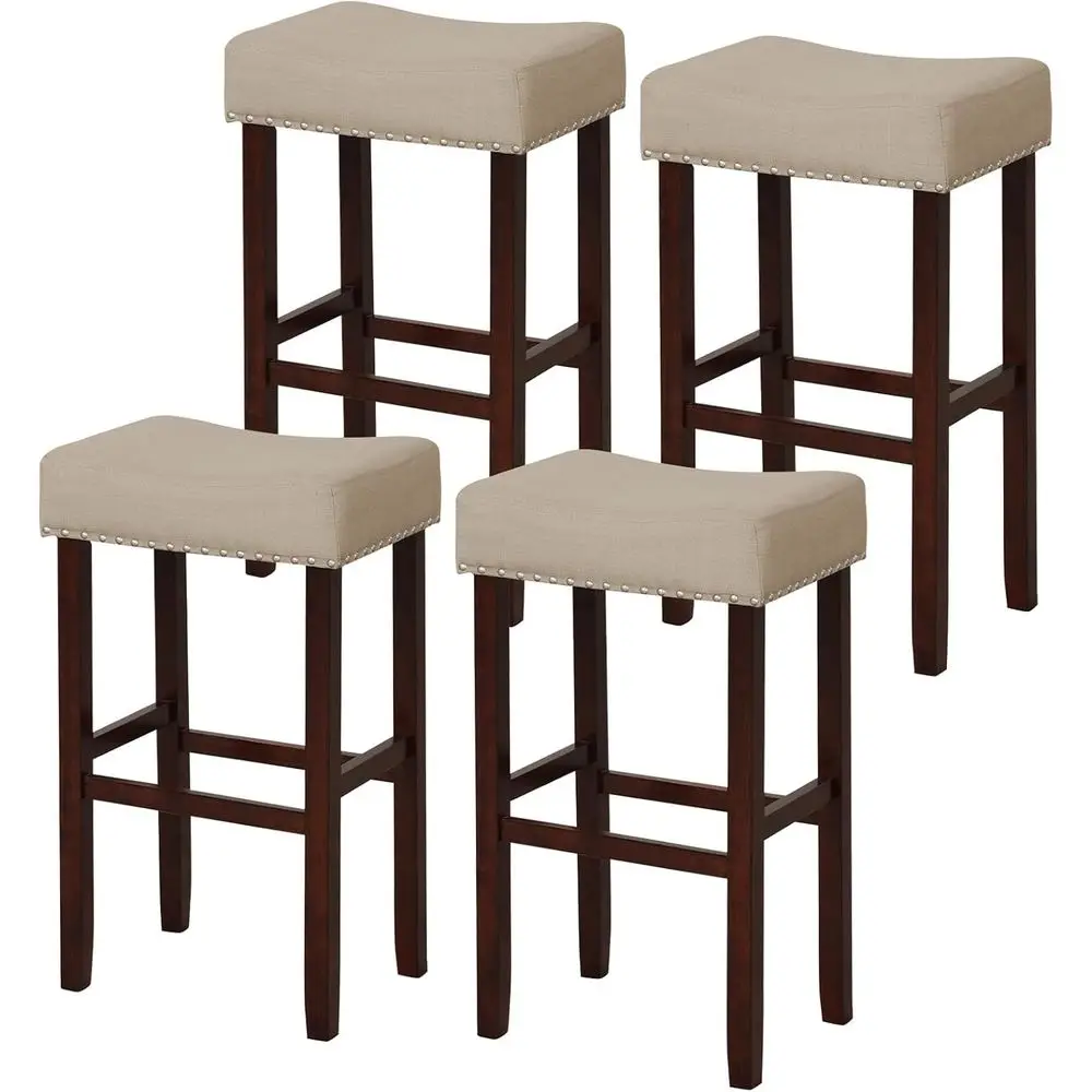 

Upholstered 29.5 Bar Stools with Nail Trim, Rubberwood Seat, Beige, Max Load 330 lbs