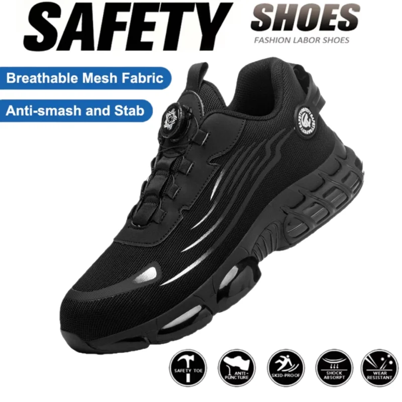 Rotating button protective shoes, steel-toe working sports shoes, puncture-resistant, breathable industrial safety shoes