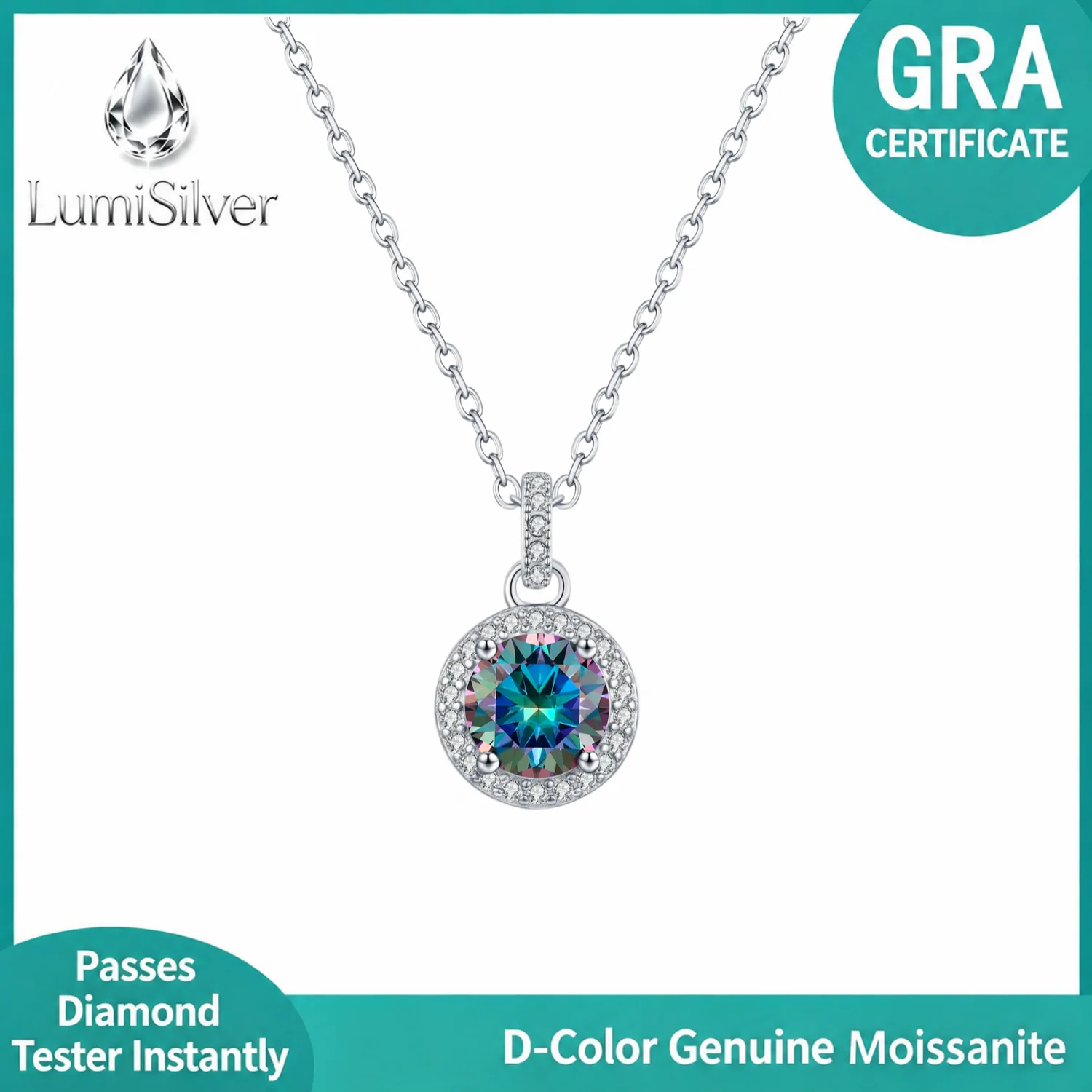 1CT Rainbow Moissanite Halo Pendant Necklace 925 Sterling Silver Women Dainty Clavicle Chain Fine Jewelry Gift