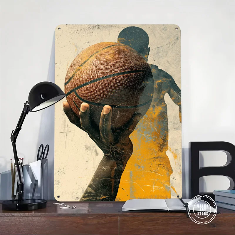 Basketball Player Holding Ball Art 3D Texture Printed Poster Custom Vintage Metal Tin Plate Sign for Wall Art Home Decorations