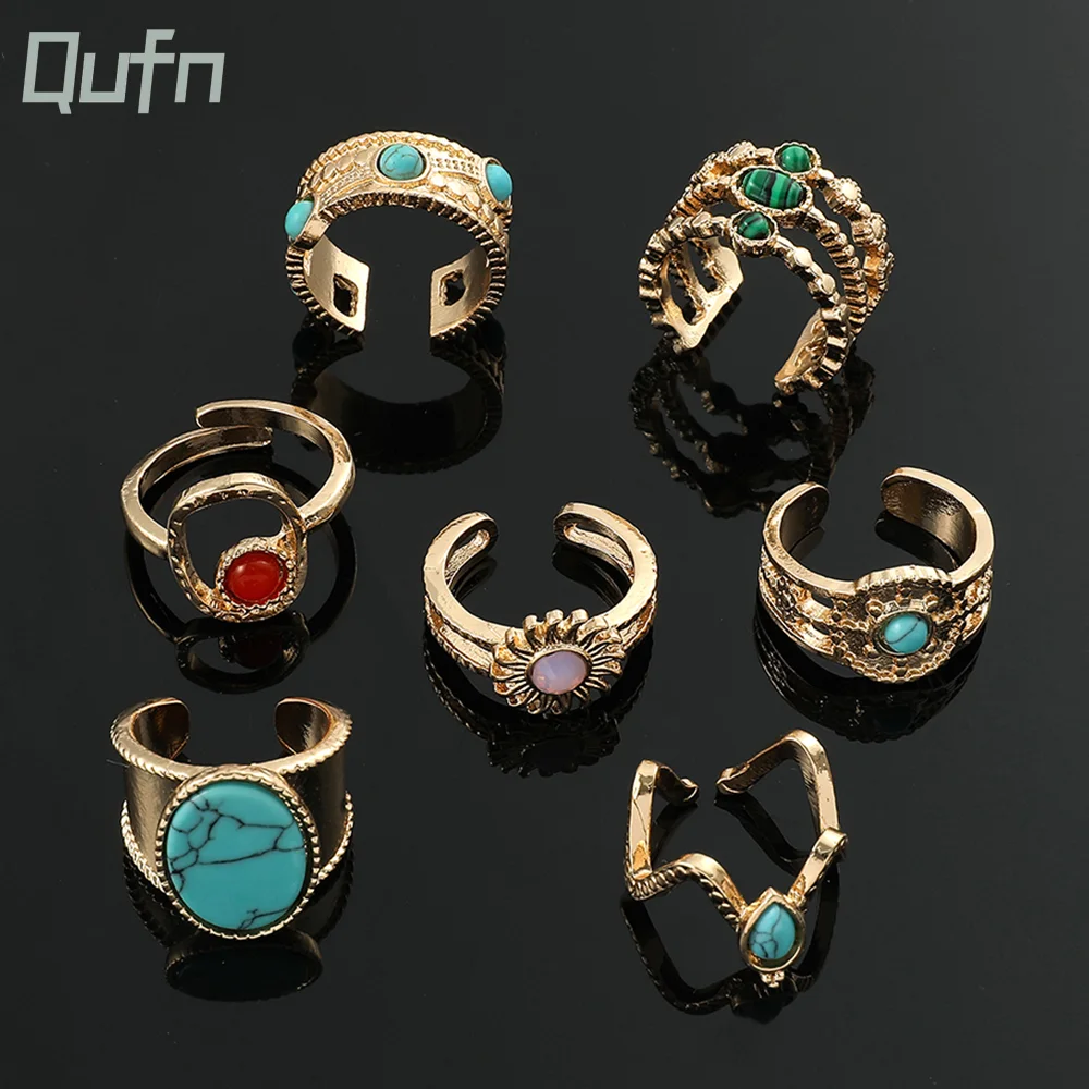 Wholesale Vintage Setting Natural Stone Rings Gold Color Luxurious Emerald Rings Opening Boho Rings for Women Y2K Jewelry