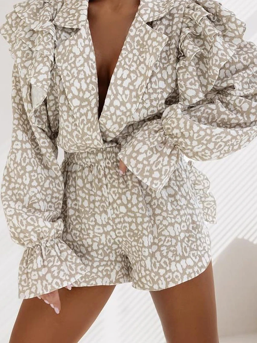 Marthaqiqi Printing Ladies Nightwear Set Long Sleeve Nightgowns Sexy Turn-Down Collar Pajama Shorts Casual Female Sleepwear Suit