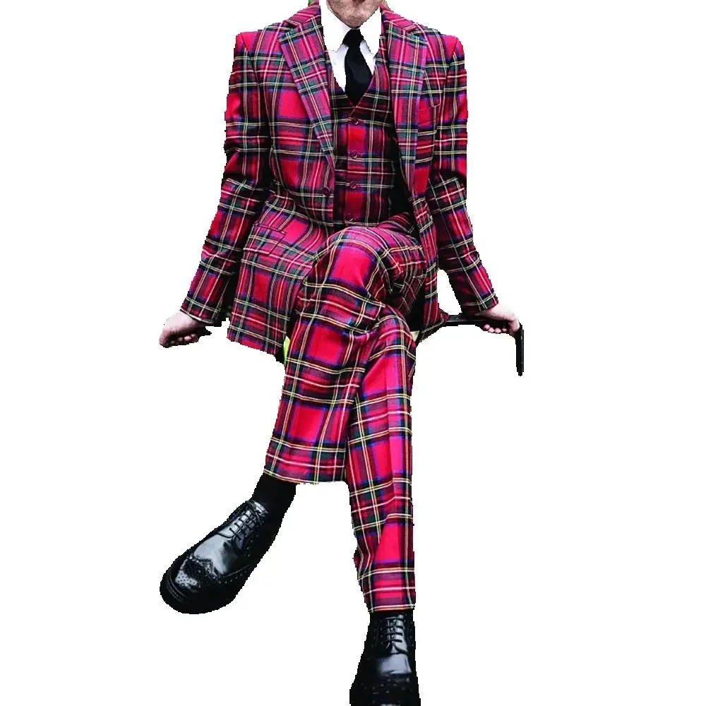 Setelan Pria Kotak Merah Chic Kerah Puncak Kancing Sebaris 3 Potong (Jaket + Celana + Rompi) Set Pesta Pernikahan Formal Pria