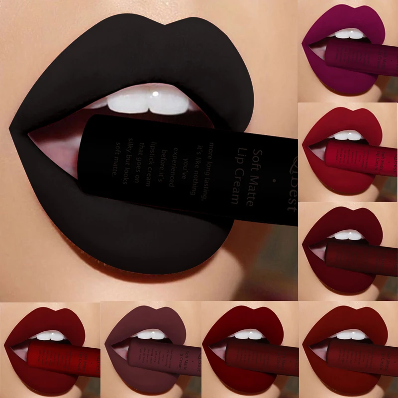 QIBEST Matte Liquid Lipstick Waterproof Lasting Velvet Lip Gloss Tint Tube Nude Pigment Red Black Purple Orange Lipsticks Makeup