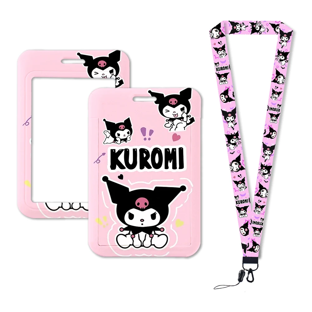 Cute Kuromi ID Card Holder Neck Strap Pendant Girls Sanrio Door Badge Holder Lanyards Keychain Women Work Credential Case Gift