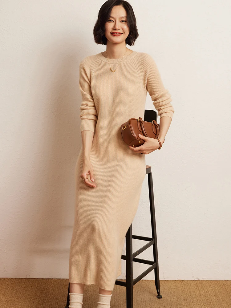 New 100% Goat Cashmere Sweater Long Dress Women Round Collar Pullover Soft Cosy Autumn Winter Fashion Solid Knitwear Slim Dress