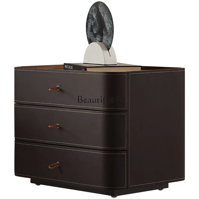 

Italian minimalist saddle leather bedside table light luxury high-end drawer storage bedside cabinet