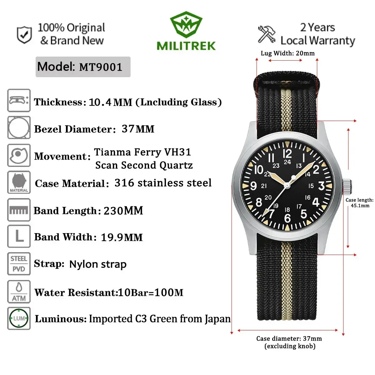 MILITREK 2025 New Men Quartz Watch VH31 37mm Military Waterproof 100M Sapphire Glass Luminous Stainless Steel Reloj Hombre