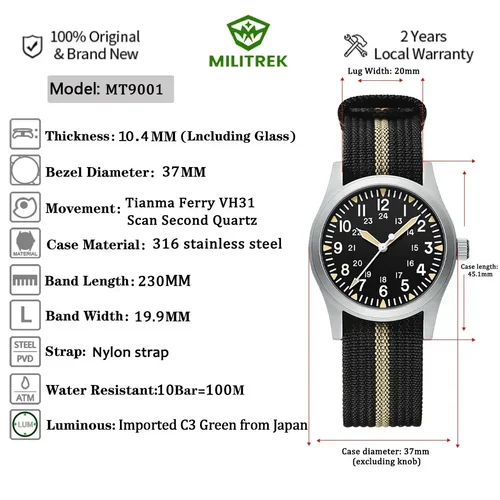 Imagen 2 del producto MILITREK 2025 nuevo Reloj de cuarzo para Hombre VH31 37mm militar impermeable 100M cristal de zafiro luminoso Reloj de acero inoxidable para Hombre