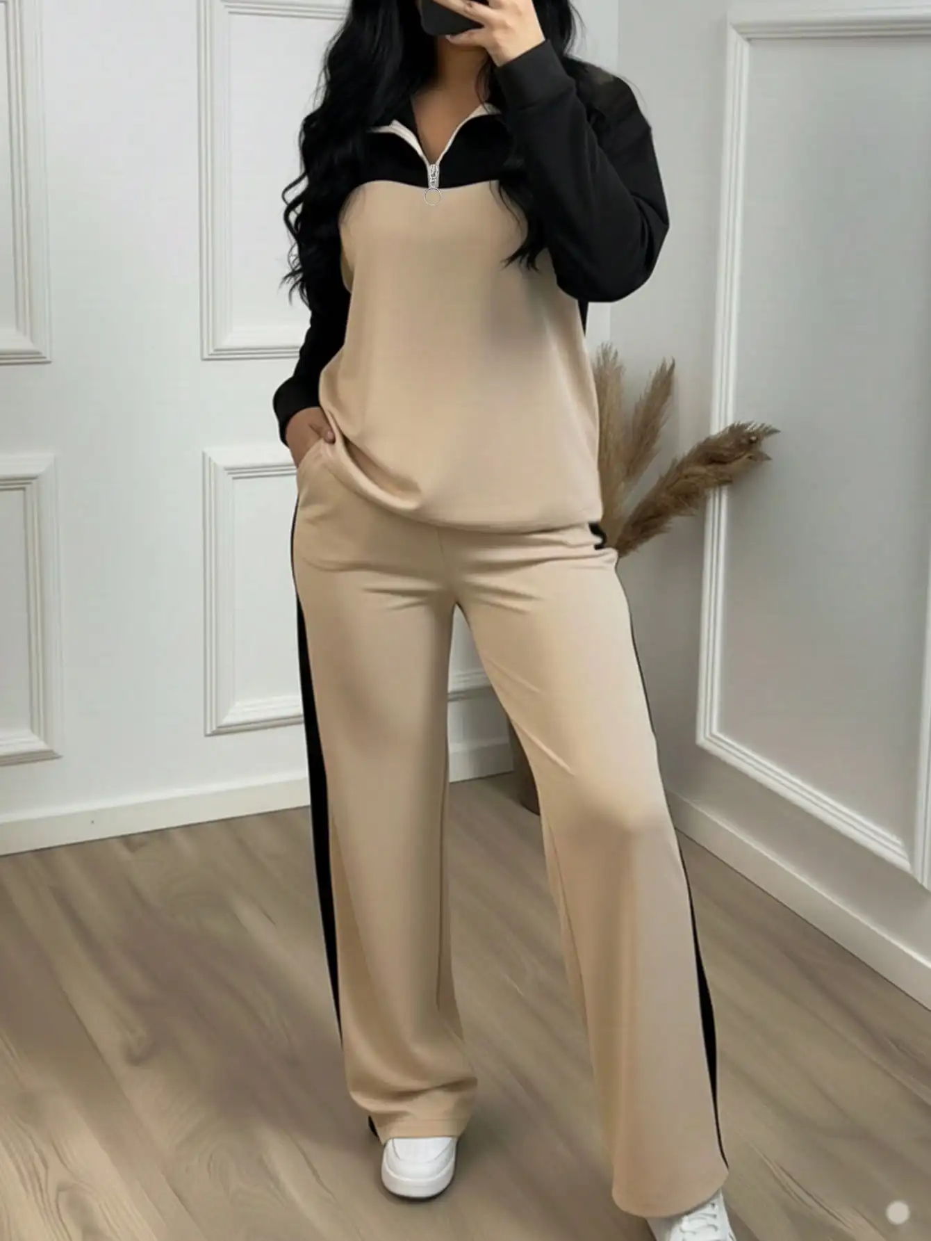 

Женский повседневный комплект из двух предметов: топ на молнии с воротником и брюки с широкими штанинами, осенне-зимний наряд