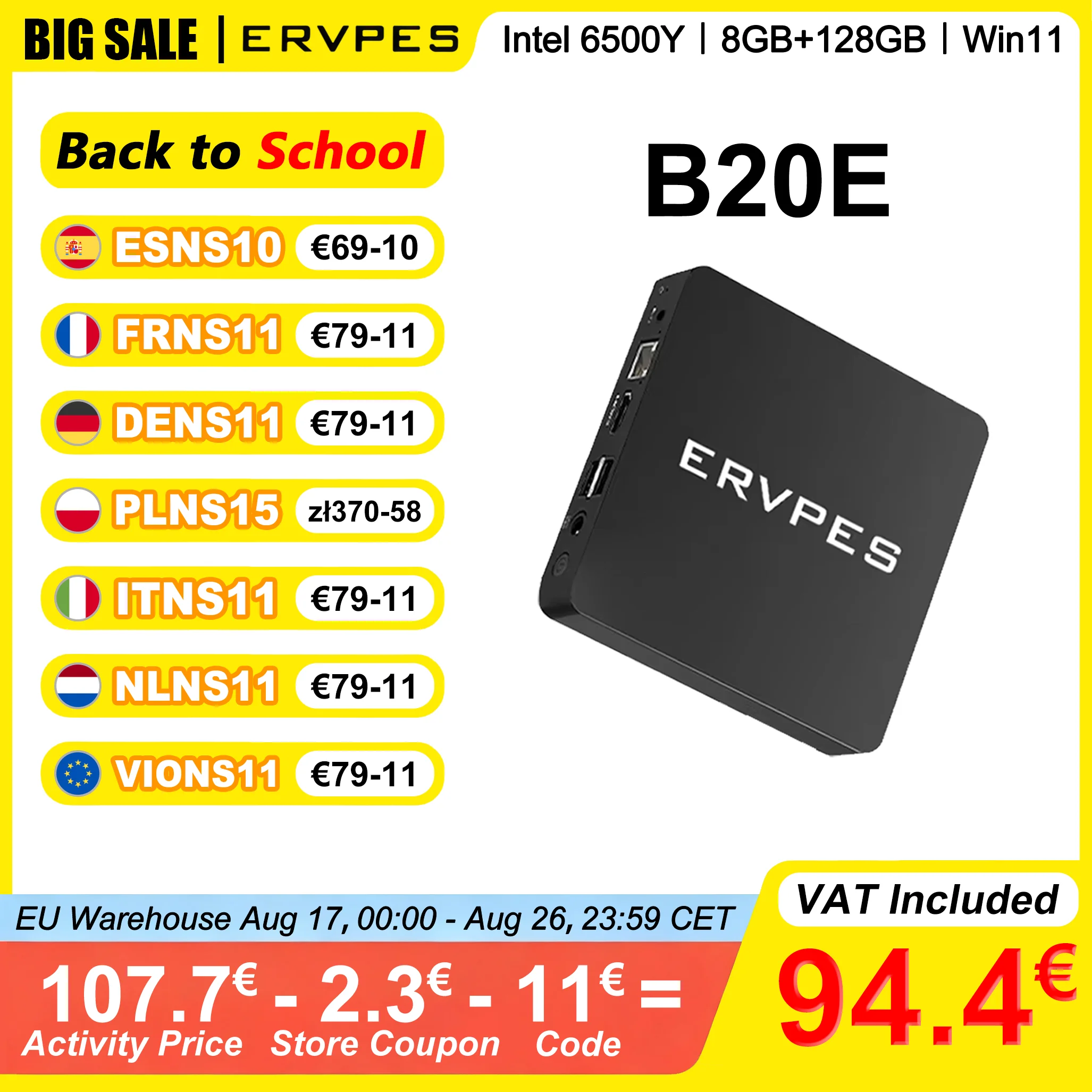 ERVPES B20E Mini-PC 8GB RAM 128GB SSD Intel 6500Y Windows 11 BT5.0 Apollo Lake Desktop-Mikrocomputer Dual-Band-WLAN HDMI