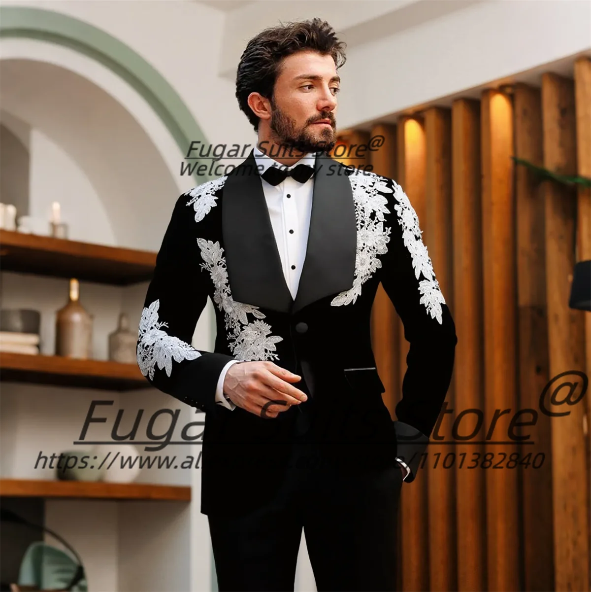 Customized Black Velvet Men Suits Luxuly Appliques Groom Wedding Tuxedos 2 Pieces Sets Male Party Blazers trajes para hombre