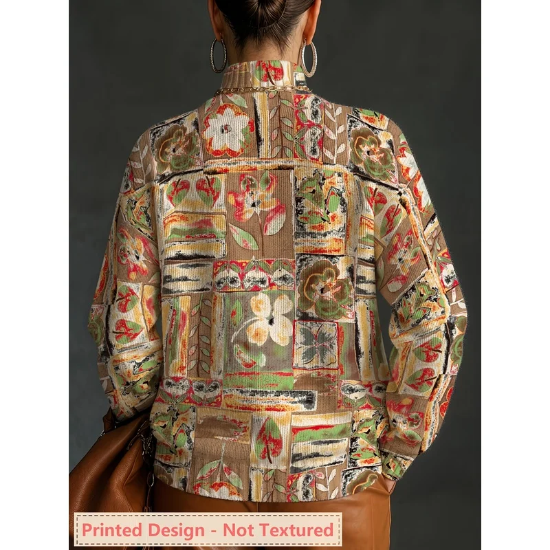 Women's High Quality Print Vintage Collage Turtleneck Sweater Long Sleeve Knit Pullover Loose Warm Autumn Winter Casual Top