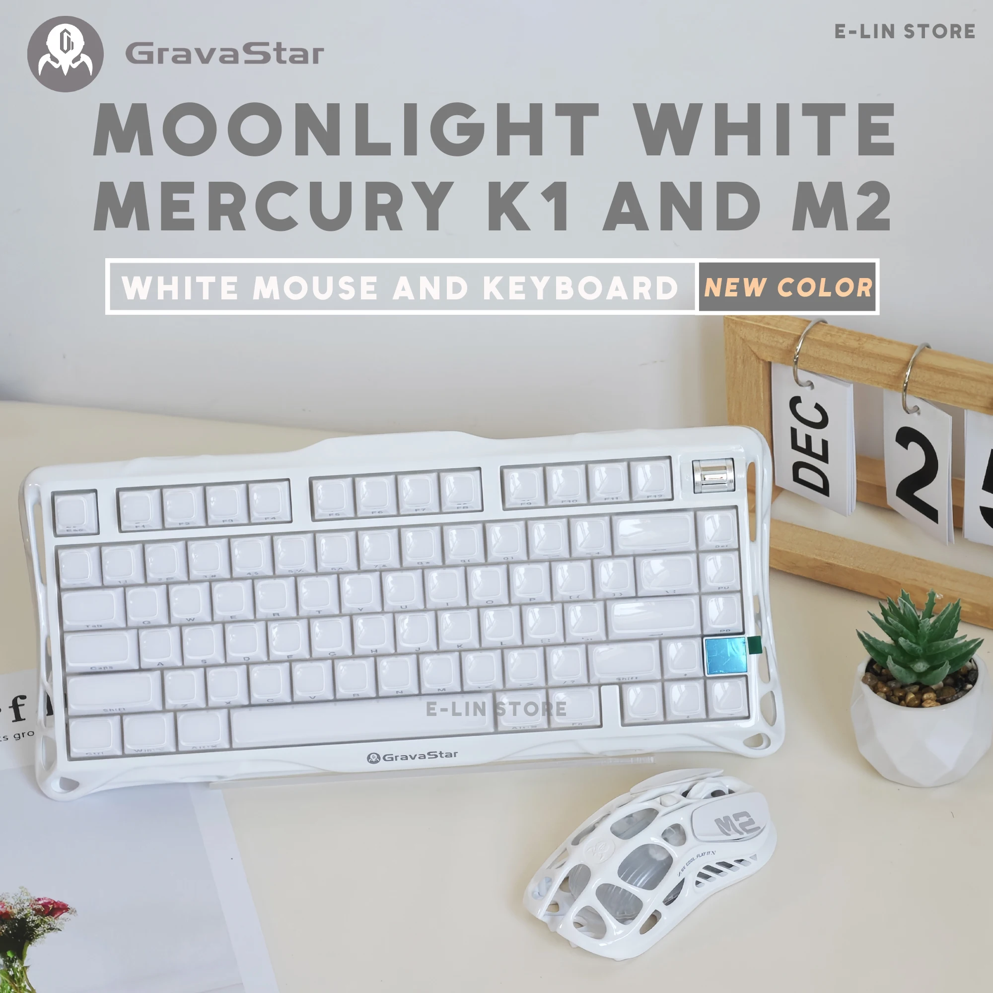 Gravastar Mercury Moonlight White Keyboard And M2 White Mouse Set Wireless Gaming Bluetooth 2.4G Mechanical Keyboard Mouse