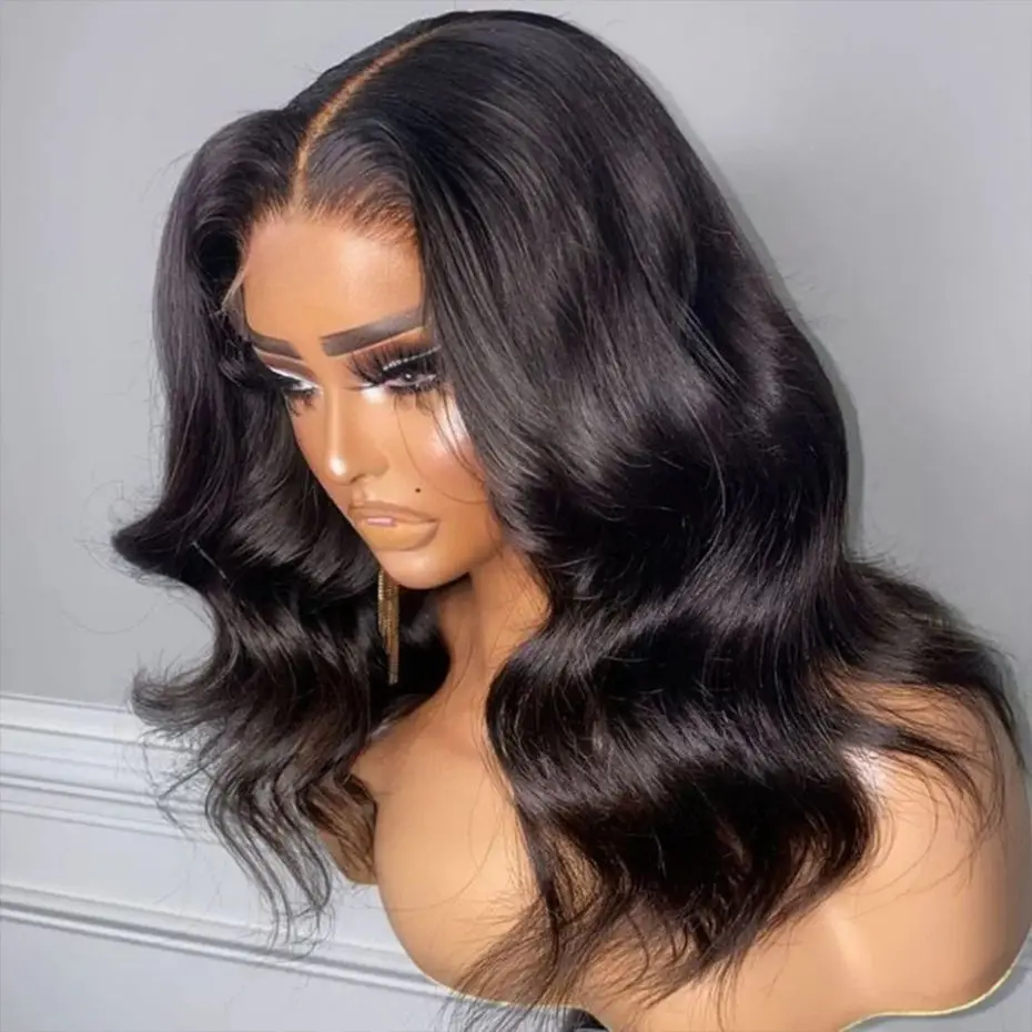 Perruque Bob Lace Front Wig Body Wave Brésilienne Naturelle, Cheveux Courts, 13x4, Pre-Plucked, 180%, pour Femme Africaine