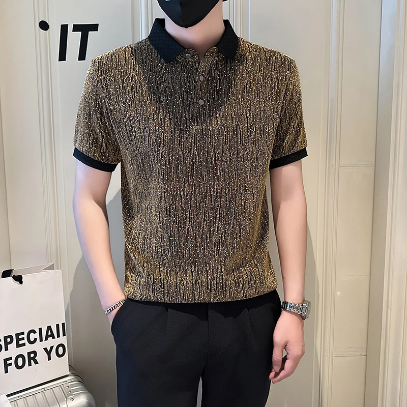 

Luxury Shiny Gold Sequins Short Sleeved Men's POLO Shirt Summer Club Party Slim Fit Man Polo T Shirt Fashion Designer Clothes