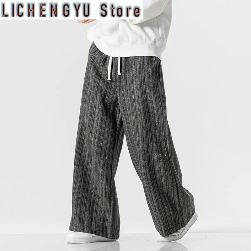 Autumn/winter Men's Thick Woolen Loose Straight Striped Pants Janpanese Style Trend Casual Drawstring Loose Wide-leg Trousers