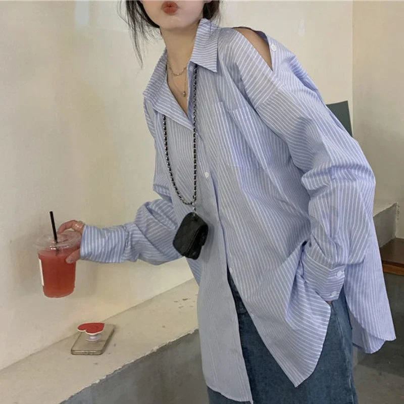 Chemises à revers rayées pour femmes, décontracté, simple, style coréen, confortable, tout match, évidé, mode féminine, 03, printemps