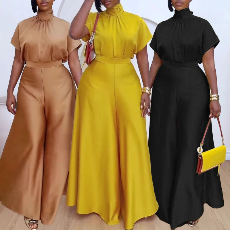 African Fashion 2024 New in Women Two 2 Piece Sets Outfit Soft Satin Lace Up Top and Wide Leg Pants Set Matching Set