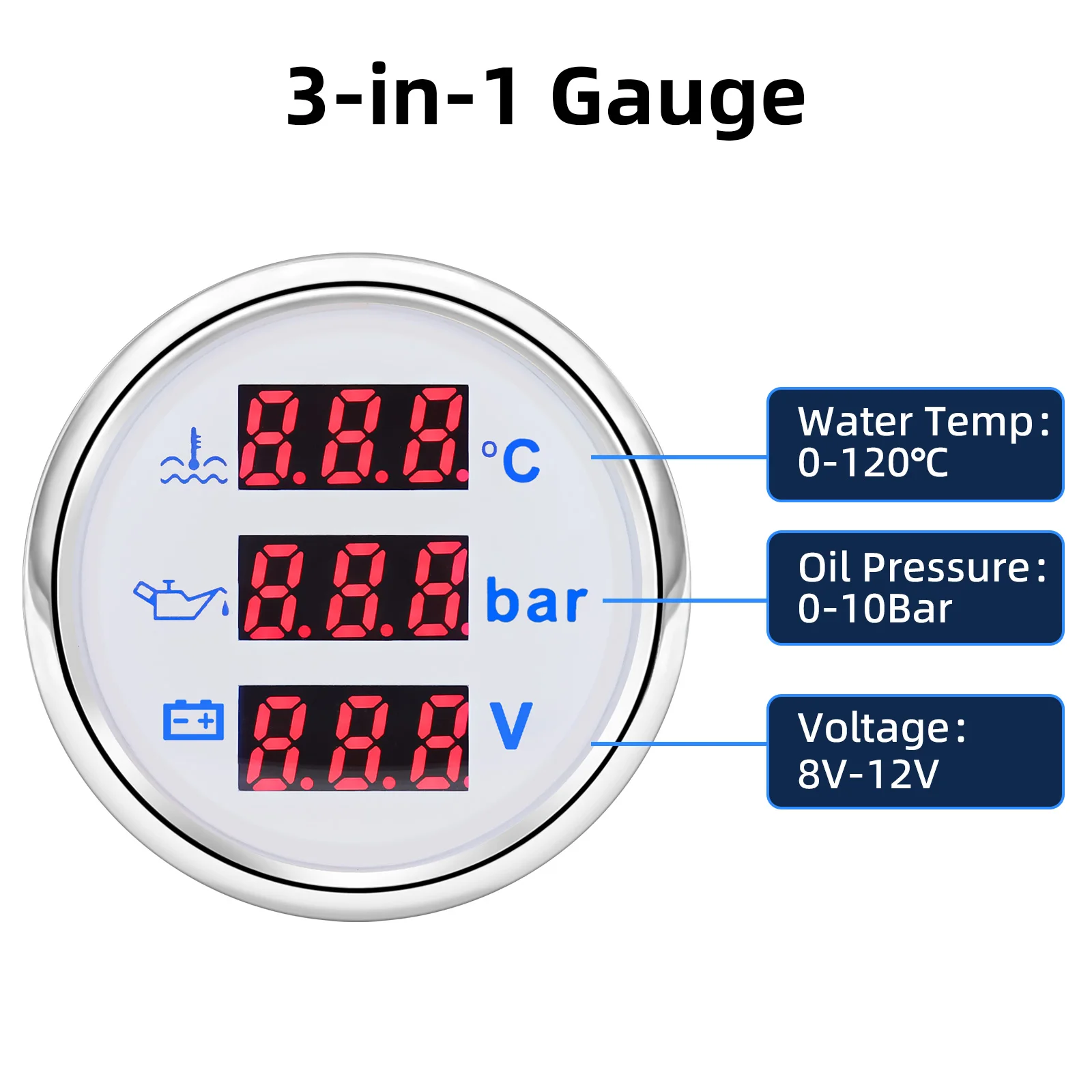 3-in-1 Digitalanzeige 52mm + Temperatursensor + Drucksensor 0~120 ℃ Wassertemperaturmesser + Öldruckmesser + Spannungsmesser mit Alarm – Detail 14