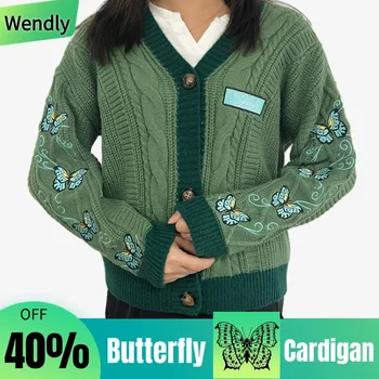 Cardigã bordado borboleta feminino, suéter de malha, verde escuro, remendo para letras, tops femininos da moda outono, inverno